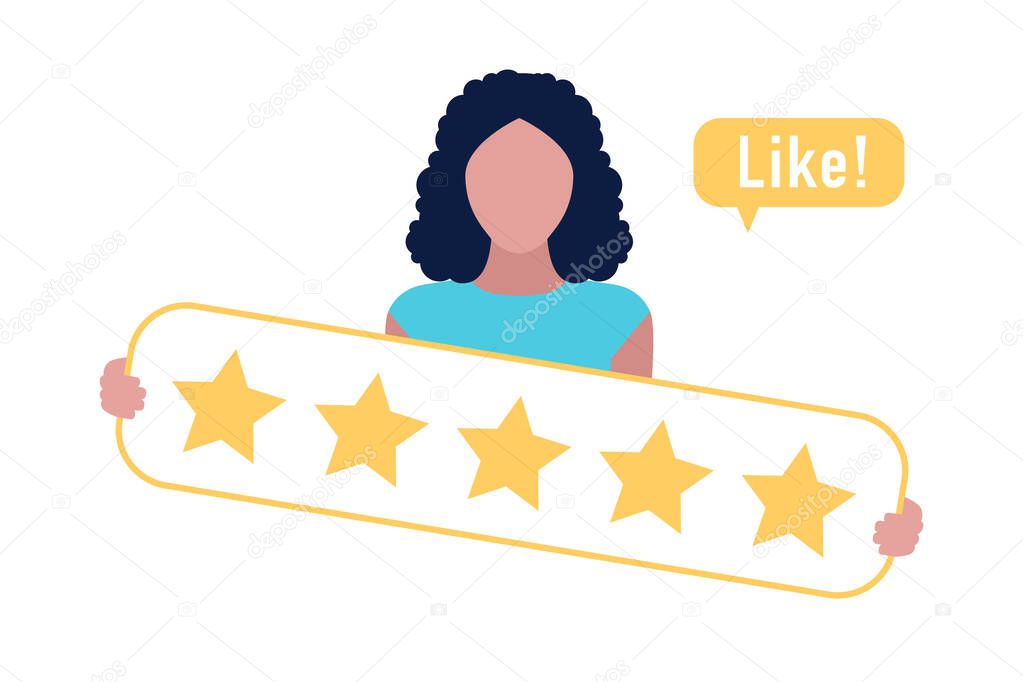 Star rating concept. Young character rates. Vector illustration in a flat style