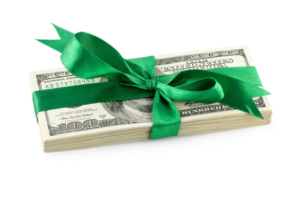 Pack of dollars tied with green ribbon isolated on white backgro — Stock Photo, Image