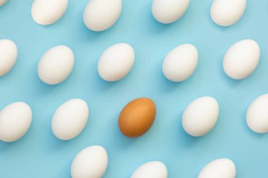 Mavi arka plana karşı yumurta beyazı, mesaj için fotokopi alanı olan bir Paskalya kartı. Mutlu Paskalyalar. Tatil için hazırlık. Desen, omlet pişirme.