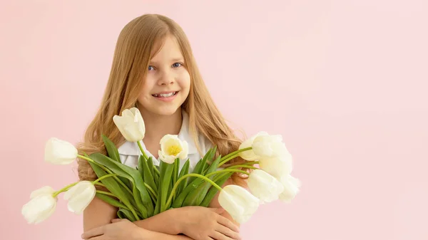 Concept Spring Happiness Holiday Close Portrait Lovely Smiling Girl Holding — стоковое фото