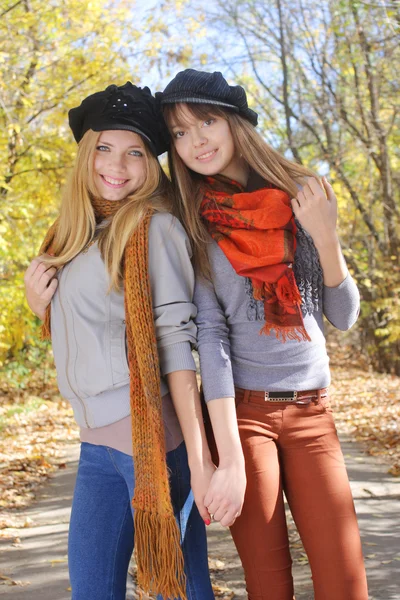 Due ragazze sorridenti che si abbracciano nel parco autunnale — Foto Stock