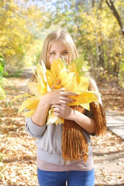 Adolescente chica sosteniendo un montón de hojas en otoño parque — Foto de Stock