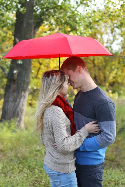 Genç çift erkek ve kadın şemsiye sonbahar ile sarılma — Stok fotoğraf