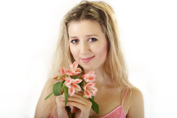 Sweet blonde girl with flowers posy studio — Stock Photo, Image