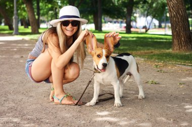 açık havada Beagle köpekle oynamayı mutlu genç kadın. komik çekim