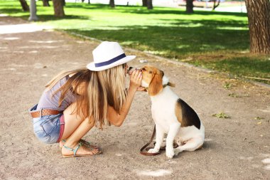  Kız onu beagle köpek doğa açık öpüşme.