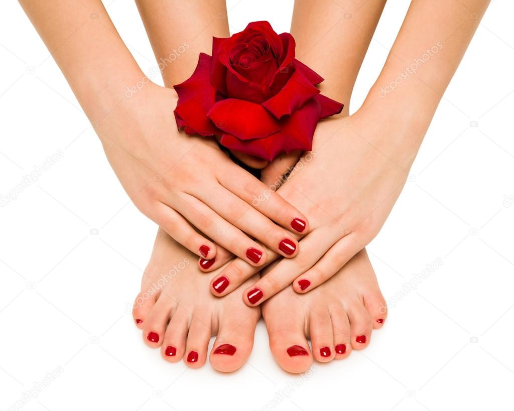 Beautiful manicure and pedicure with a rose