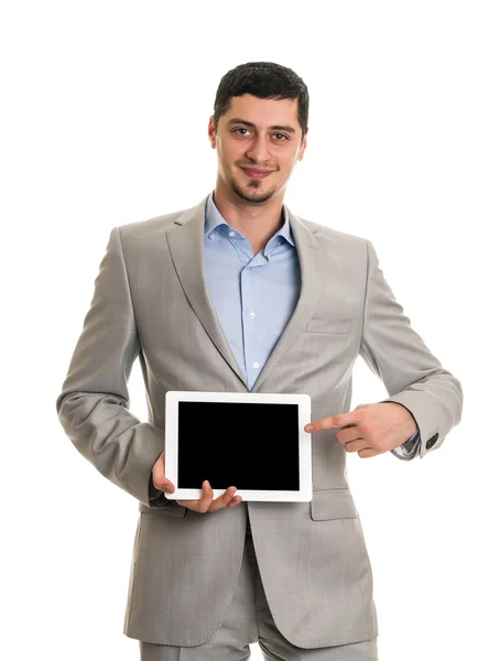 Щасливий чоловік з планшетним комп'ютером — стокове фото