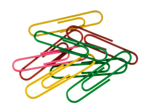 Colored paper clips on a white background — Stock Photo, Image