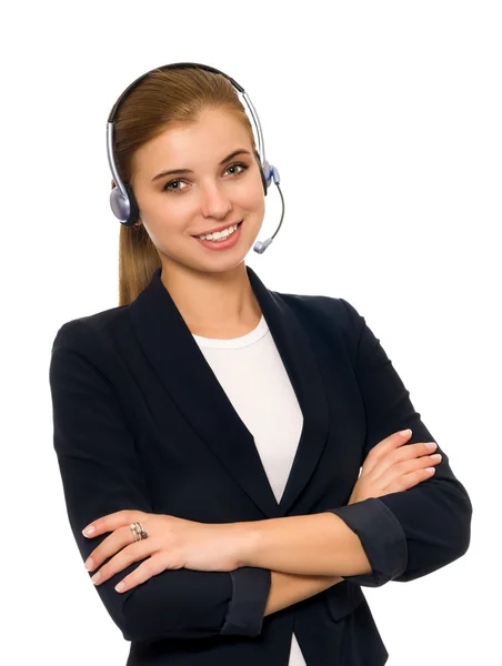 Operatör telefon kulaklığı ile gülümseyen