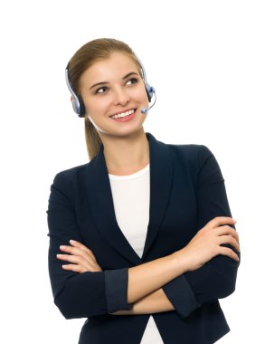 Operatör telefon kulaklığı ile gülümseyen