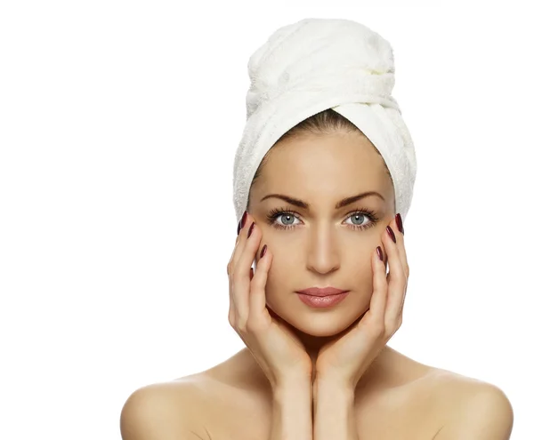 Beautiful woman with a towel on his head — Stock Photo, Image