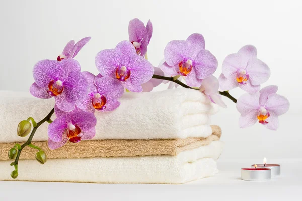 Spa de saúde e orquídea de flor. Tratamento de spa - relaxar com velas . — Fotografia de Stock