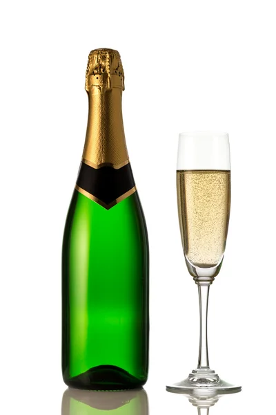 Glasses and bottle of champagne, serpentine isolated on a white background. Celebration. — Stock Photo, Image