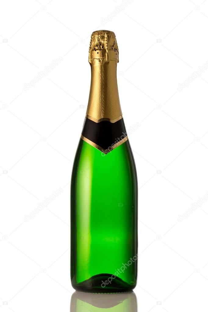 Green bottle of champagne in front of white background