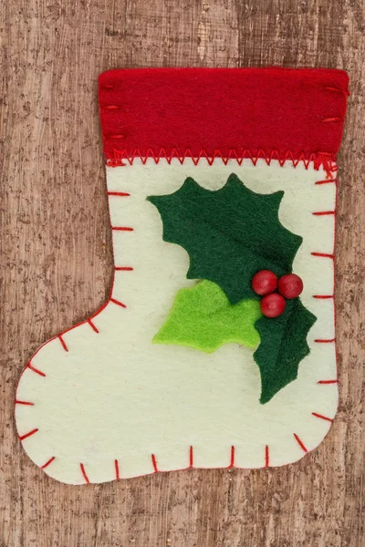 Christmas decorations and sock on wood background. Beautiful Christmas card. — Stock Photo, Image