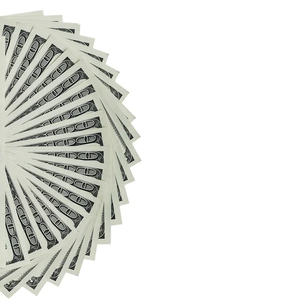 Αρκετές 100 μας χρήματα σημειώσεις που απλώνεται σε σχήμα ανεμιστήρα, που απομονώνονται σε λευκό φόντο — Φωτογραφία Αρχείου