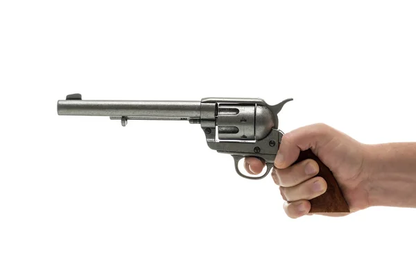 Homens mão com pistola de revólver isolado em um fundo branco — Fotografia de Stock