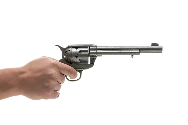 Männerhand mit Revolverpistole isoliert auf weißem Hintergrund — Stockfoto