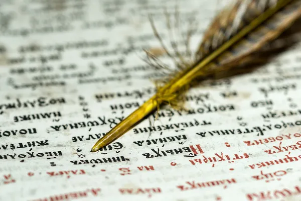 Open the book and quill closeup — Stock Photo, Image