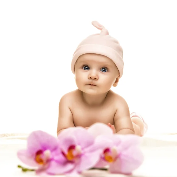 Lilla bebis tittar in i kameran och bär en hatt på den vita bakgrunden — Stockfoto