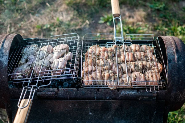 烤肉绞架在火堆上烤鸡肉 — 图库照片