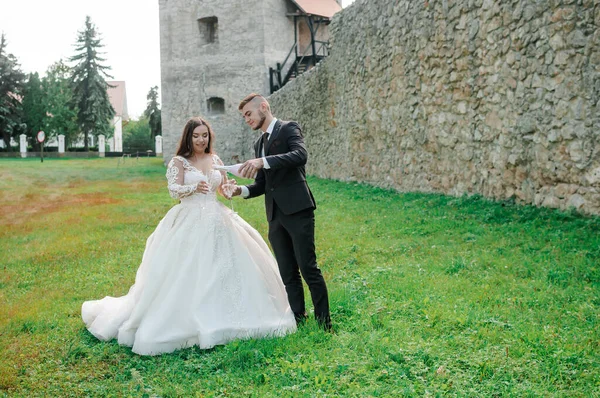 Recém-casados caminham no parque abraçando e beijando — Fotografia de Stock