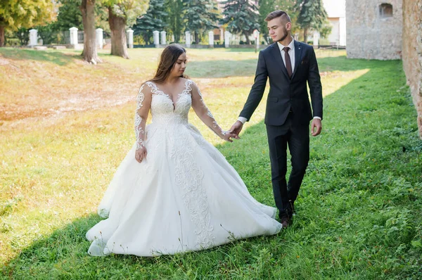 Newlyweds walk in the park hugging and kissing — Stock Fotó