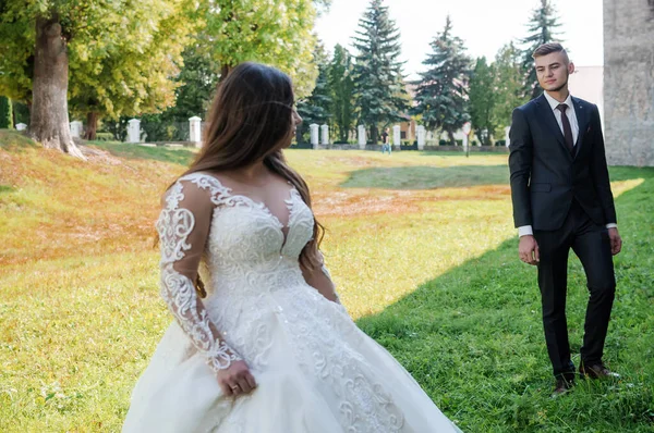 Recém-casados caminham no parque abraçando e beijando — Fotografia de Stock