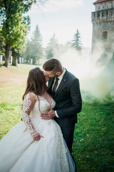 Recién casados caminan en el parque abrazándose y besándose —  Fotos de Stock