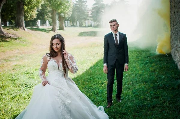 Recém-casados caminham no parque abraçando e beijando — Fotografia de Stock