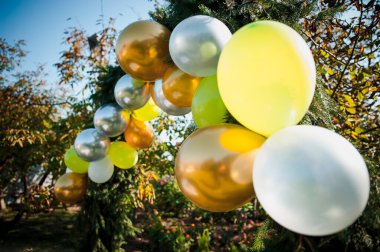 Renkli şişme balonlardan yapılmış düğün kemeri. Bir çocuk partisinin kutlaması. Balonlardan yapılmış kemer.