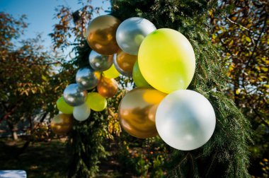 Renkli şişme balonlardan yapılmış düğün kemeri. Bir çocuk partisinin kutlaması. Balonlardan yapılmış kemer.