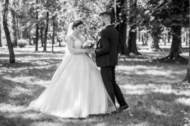 Gelin ve damat yazın parkta yürüyorlar, sarılıyorlar. Yeni evliler parkta yürüyorlar da. Arka planda ağaçlar