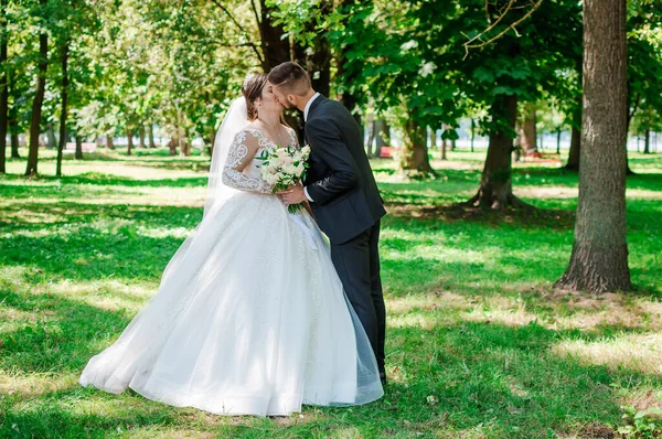 Η νύφη και ο γαμπρός περπατούν στο πάρκο το καλοκαίρι, αγκαλιασμένοι. Δέντρα στο παρασκήνιο — Φωτογραφία Αρχείου
