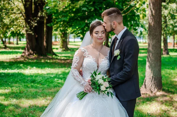 Nevěsta a ženich se v létě procházejí v parku a objímají se. Novomanželé se procházejí v parku. Stromy v pozadí — Stock fotografie