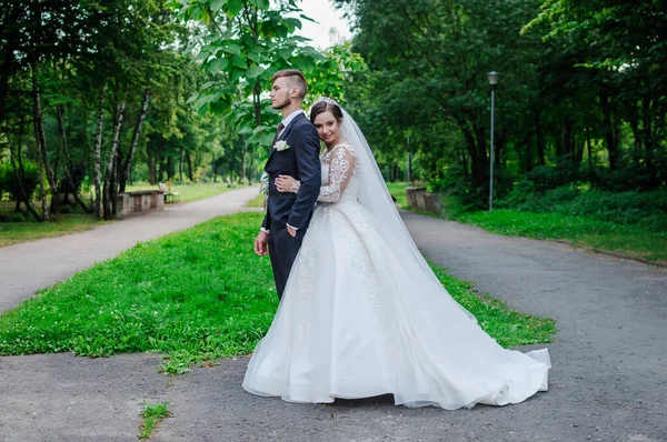 La novia y el novio están caminando en el parque en el verano, abrazándose. Los recién casados están caminando en el parque. Árboles en el fondo —  Fotos de Stock