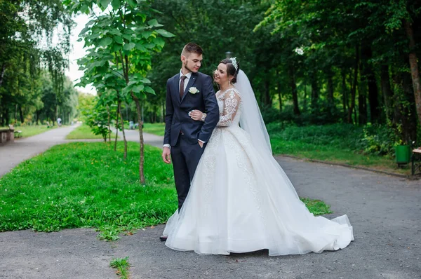 Panna młoda i pan młody spacerują latem po parku, przytulając się. Nowożeńcy spacerują po parku. Drzewa w tle — Zdjęcie stockowe