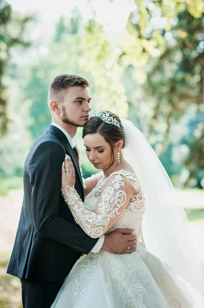 Gelin ve damat yazın parkta yürüyorlar, sarılıyorlar. Yeni evliler parkta yürüyorlar da. Arka planda ağaçlar — Stok fotoğraf