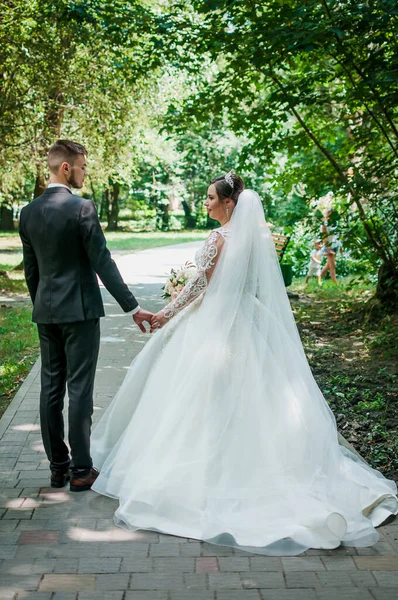 Das Brautpaar spaziert im Sommer im Park und umarmt sich. Die Frischvermählten gehen im Park spazieren. Bäume im Hintergrund — Stockfoto