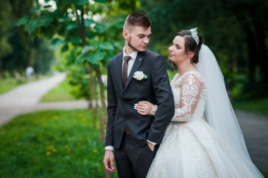 Gelin ve damat yazın parkta yürüyorlar, sarılıyorlar. Yeni evliler parkta yürüyorlar da. Arka planda ağaçlar