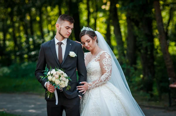 Gelin ve damat yazın parkta yürüyorlar, sarılıyorlar. Yeni evliler parkta yürüyorlar da. Arka planda ağaçlar — Stok fotoğraf