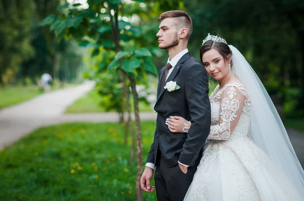 Das Brautpaar spaziert im Sommer im Park und umarmt sich. Die Frischvermählten gehen im Park spazieren. Bäume im Hintergrund — Stockfoto