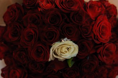 Kırmızı gül buketi, taşlı kadın altın yüzüğü. Bir buket kırmızı çiçek. Evlilik teklifi.