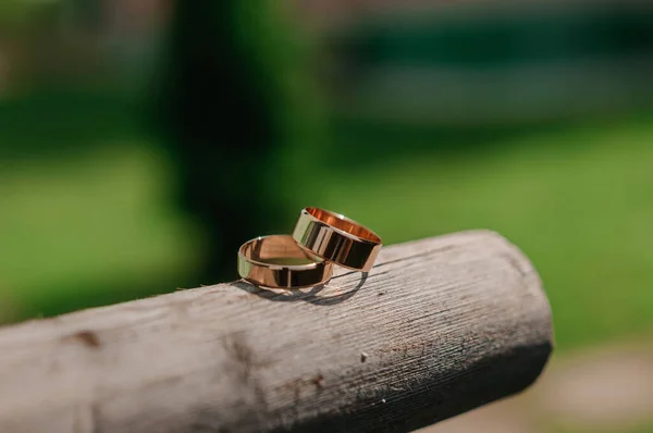 Pár Zlatých Snubních Prstenů Zeleném Pozadí Prsteny Pozadí Listí Dřeva — Stock fotografie