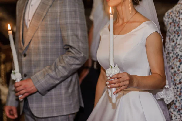 Bride Groom Hold Shining Candles Ceremony Church Hands Newlyweds Candles — Stock Photo, Image
