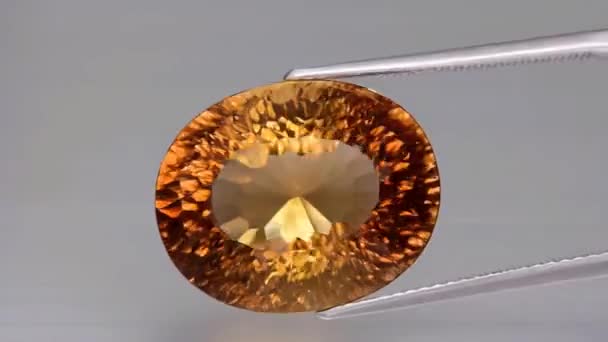 Imperial champagne yellow topaz oval cut in the turning tweezers — Stock Video