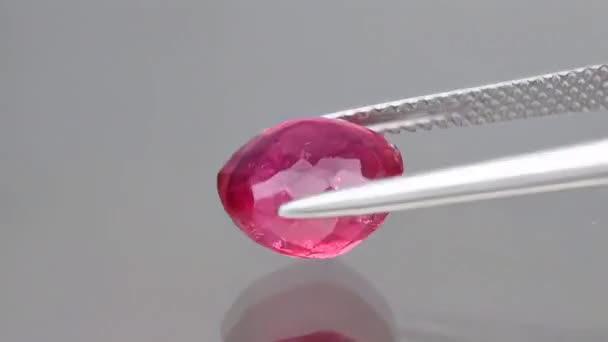 天然粉红电气石，在镊子的多层面椭圆形切割中 — 图库视频影像