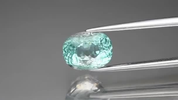 Natural blue tourmaline indicolite oval cut in the tweezers — Stock Video