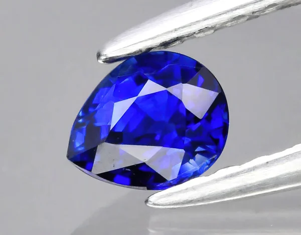 Natural gemstone blue sapphire in tongs on a background